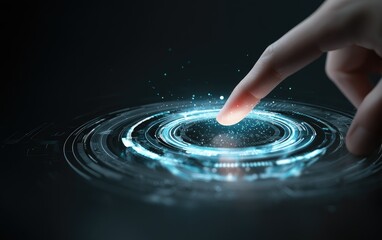 A finger touches a glowing, circular interface