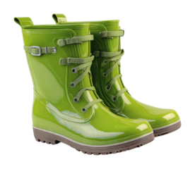 Bright green rain boots for adventures urban environment product isolated on transparent background