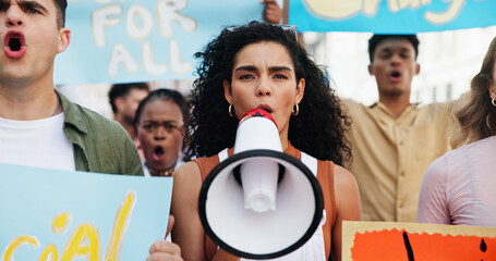 Strike, shouting and woman with megaphone in street for inflation, human rights or cost of living....