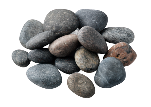 Smooth River Rocks: A collection of smooth, dark gray and reddish-brown river rocks, perfect for landscaping, decorative purposes, or spa treatments.