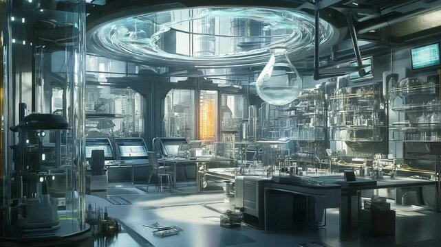 Futuristic Research Laboratory Interior with Advanced Equipment and Glassware