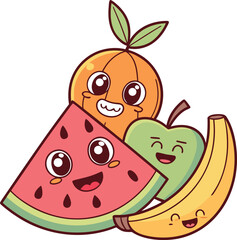 Cute Cartoon Fruits Watermelon, Orange, Apple, and Banana Vector
