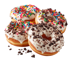 Delicious chocolate and sprinkles donuts bakery food bright and cheerful environment isolated on transparent background