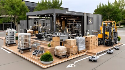Modern warehouse layout with sealed boxes and tools high resolution image