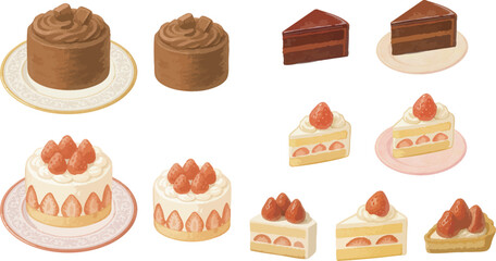 Watercolor Strawberry and Chocolate Cakes Set – Whole and Sliced, Ideal for Sweets Designs