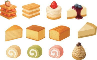 Watercolor Classic Cakes and Sweets Collection – Mille-Feuille, Cheesecake, Castella, Roll Cakes, Mont Blanc and More