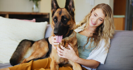 Home, woman and affection for dog, hug or love for german shepherd in living room, pet and...