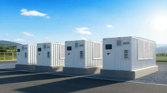 Energy storage solutions showcased in a solar farm setting with modern containment units and clear skies