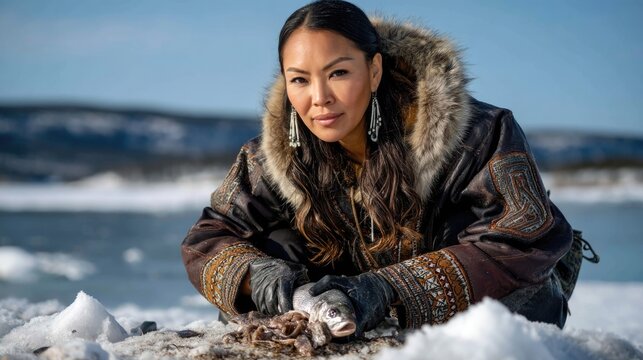 An Inuit woman preparing fish outdoors, surrounded by a frozen landscape of snow