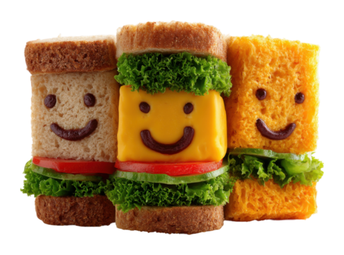 Creative sandwich display featuring happy faces kitchen table food fun isolated on transparent background - Powered by Adobe