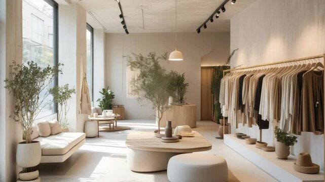 Modern boutique showcasing minimalist clothing and elegant interior design in a city setting