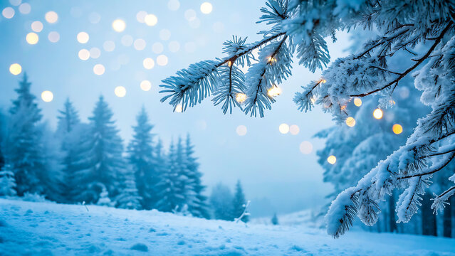 Snow covered pine branch with winter lights, winter, snow, pine, branch, christmas