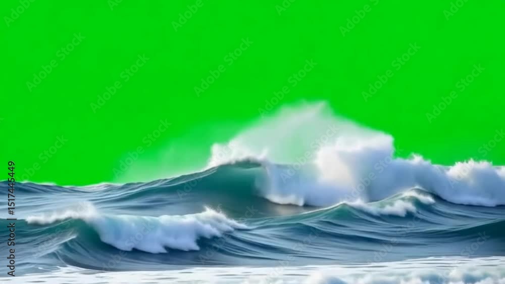Poster the image features a crashing wave against a vibrant green background, likely intended for chroma ke