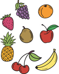 Colorful Hand-Drawn Fruit Collection. Apple, Banana, Strawberry, Grapes, Pineapple, Orange, Pear, Cherries