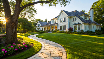 Fototapeta premium Luxury suburban home with stone walkway at sunset