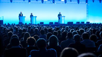 Large audience listening to speakers at conference, conference, audience, speakers, presentation, business, meeting