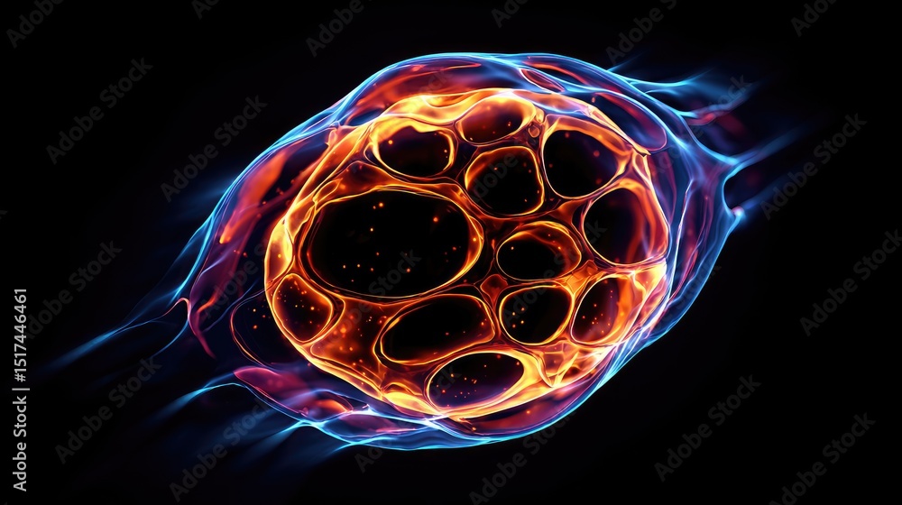 Poster abstract glowing sphere with intricate cellular structure.