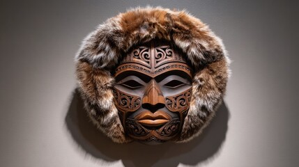 A traditional Inuit ceremonial mask carved from wood and bone
