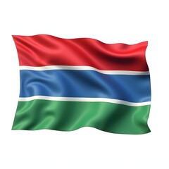 Obraz premium Photorealistic Gambia flag isolated on white background. Red, blue, and green horizontal stripes with white borders. Sharp focus, realistic fabric texture, clean studio background.