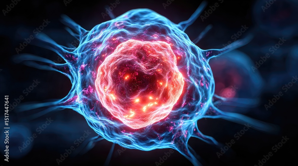Poster close-up view of a glowing cellular structure.
