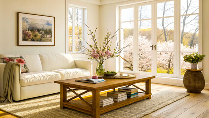 Bright living room with white sofa and wooden coffee table, living, room, sofa, white, coffee, table, wooden, books