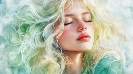 Young woman with long blond hair in serene outdoor watercolor scene