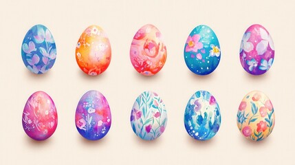 Colorful decorated eggs in floral watercolor designs on white background