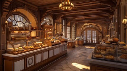 A luxurious bakery in a vintage European town, filled with artisanal treats