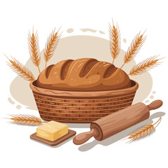 Freshly baked brown bread and golden wheat ears symbolize healthy breakfast and organic grain