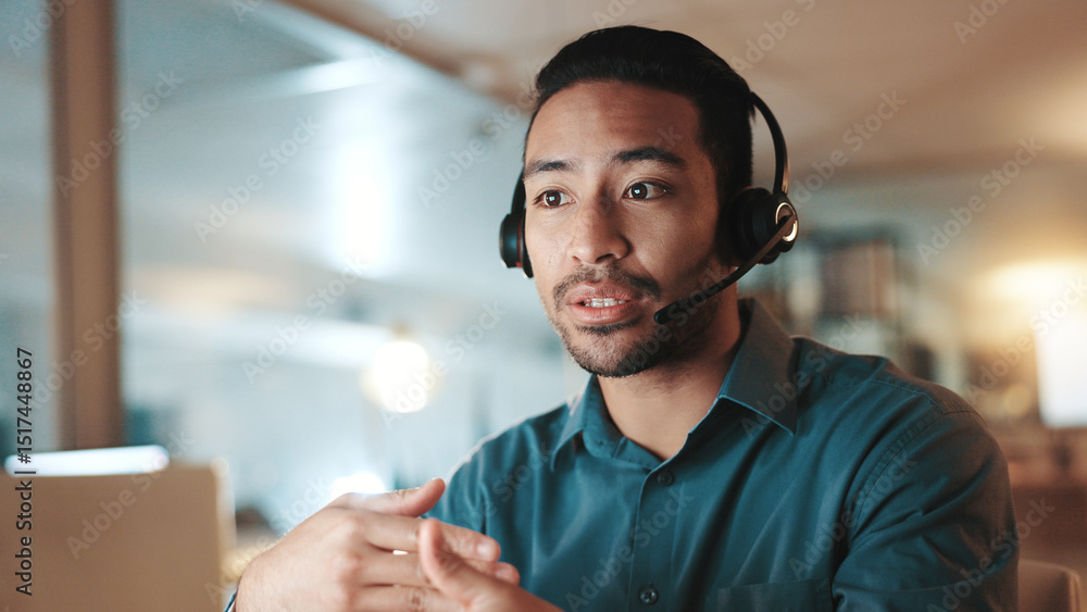 Aufkleber Communication, explain and headset with man in call center for assistance, help pr support at night. Computer, contact us and solution with person at office for online customer service in evening