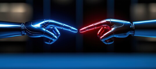 Two robotic hands, one blue and one red, reach toward each other, nearly touching in a futuristic, technology-inspired setting.