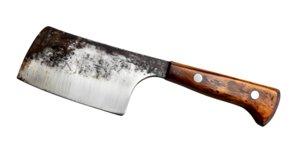 A close up of a vintage meat cleaver with a wooden handle and visible wear and tear isolated on transparent background