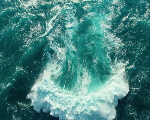 Aerial view of turquoise ocean waves crashing and swirling, creating foamy patterns on the water"s surface.