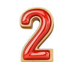 Gleaming red and gold number two representing achievement and success set on transparent background