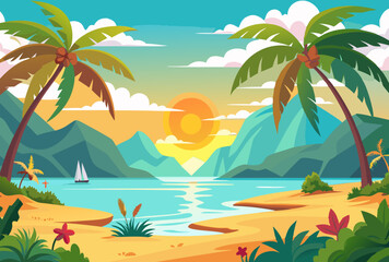 Obraz premium Sunset over Tropical Beach. Idyllic Island Paradise