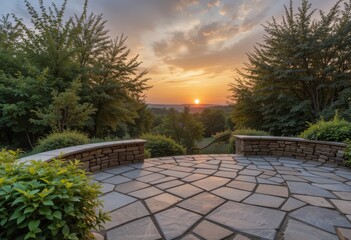 Fototapeta premium Stone Patio with Lush Greenery Sunset View