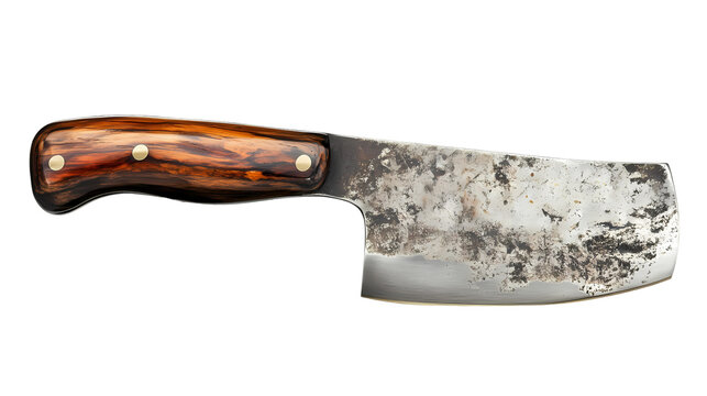 A close up of a cleaver with a wooden handle and a worn metal blade image view isolated on transparent background