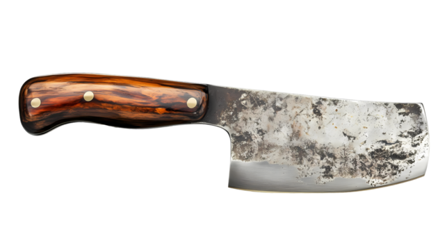 A close up of a cleaver with a wooden handle and a worn metal blade image view isolated on transparent background