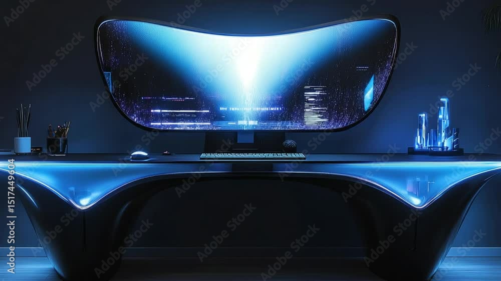 Poster modern futuristic workspace with a curved monitor displaying data stream and neon lighting