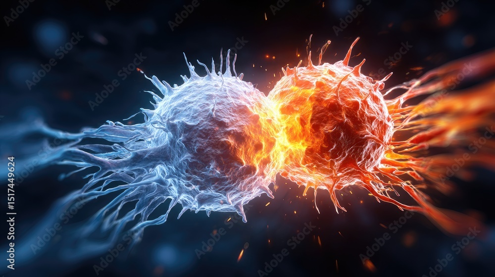 Poster two cellular structures in a conflict, showcasing contrasting colors.