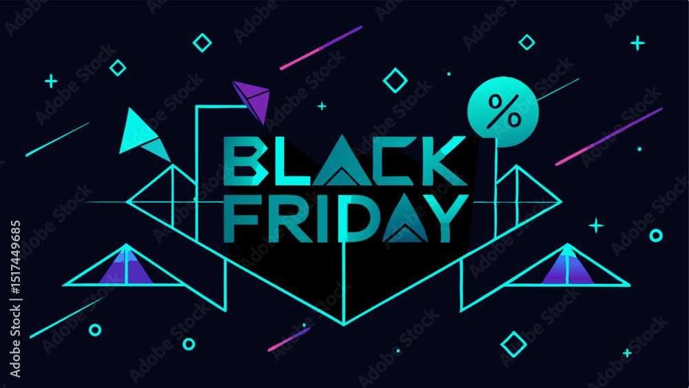 Poster abstract background black friday in neon turquoise with geometric shapes and animated percentages th