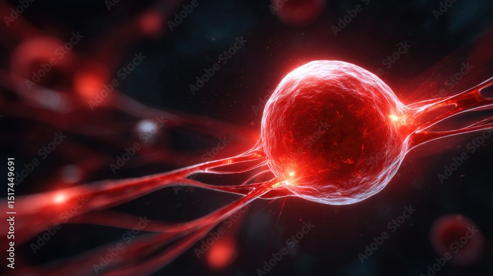 Poster vibrant red cell structure with intricate extensions.