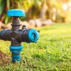 Dripping Water Faucet in Lawn Garden Under Sunlight in Outdoor Residential Space