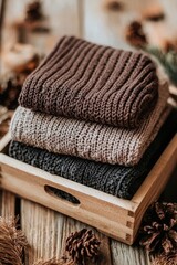 Three folded knitted sweaters in earthy tones stacked in a wooden tray, surrounded by pinecones on a rustic wooden surface.