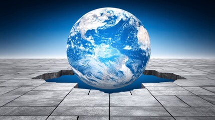 Floating Globe of Earth Emerging from Abstract Crack in Concrete Ground Under Clear Blue Sky
