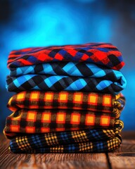 A stack of folded plaid shirts in vibrant colors sits on a wooden surface against a blue background.