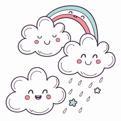 Sweet Kawaii Clouds with Rainbow and Gentle Showers, Pastel Colored Illustrations for Children's Rooms and Party Invitations