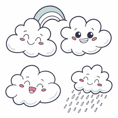 Cheerful Kawaii Clouds with Rainbow and Rain, Colorful Accented Line Art for Weather Learning and Playful Designs