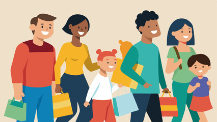 Obraz premium A group of diverse shoppers including families and friends joyfully navigating a crowded aisle arms loaded with shopping bags.