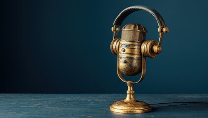 Antique gold microphone on dark wood table